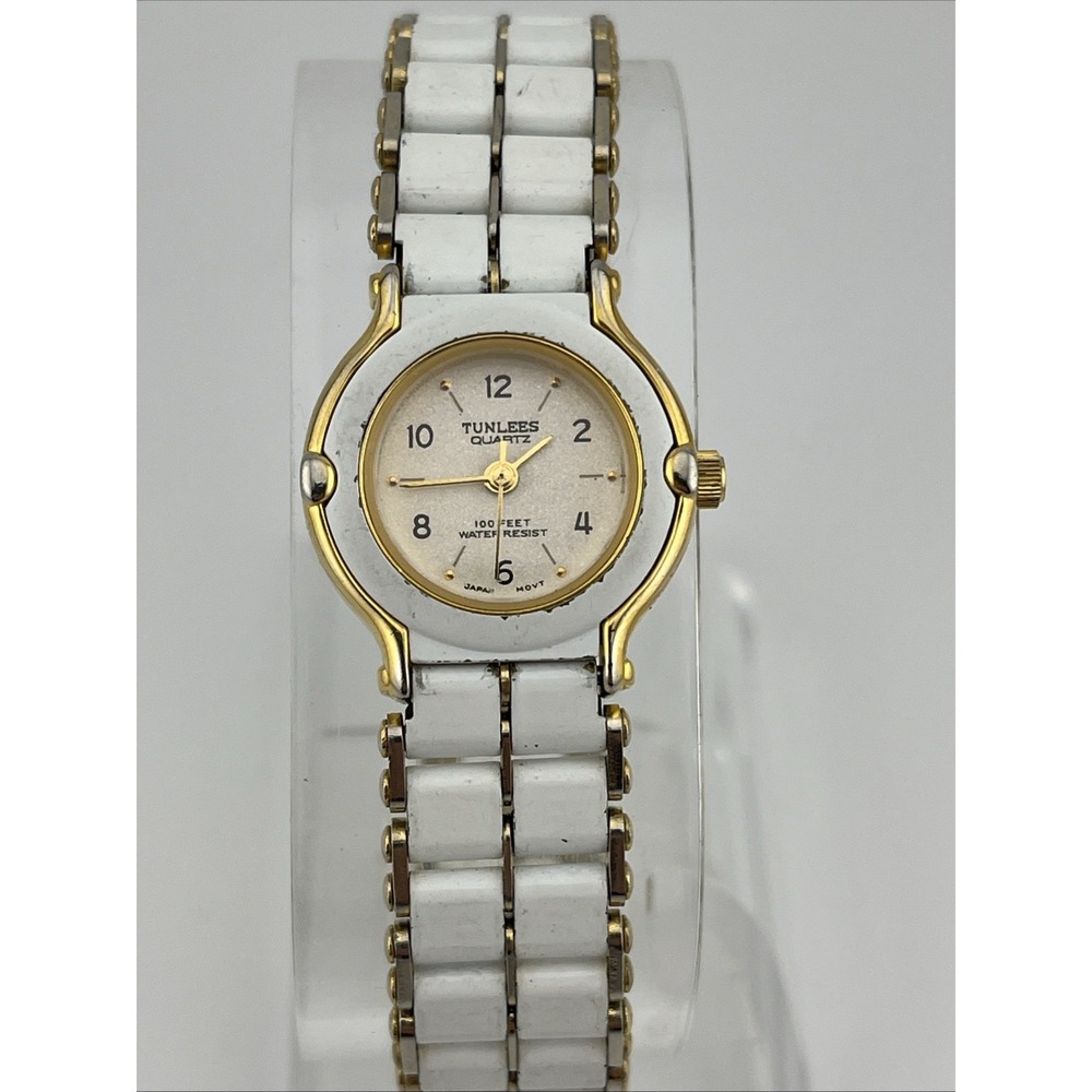 Vintage Tunless Watch Women 24mm Case 7.25" White Band- New Battery